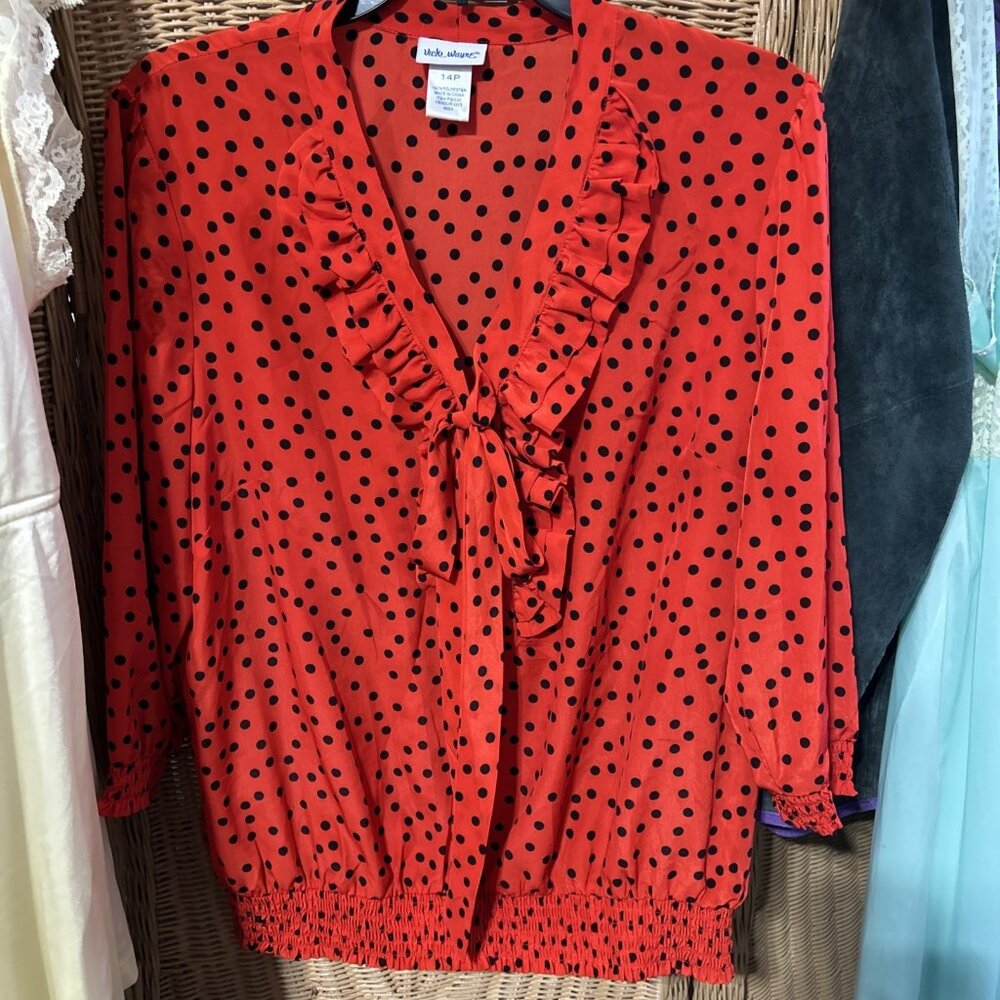 Vintage Women's Blouse 1970S Red With Black Polkadots Size 14P Vicki Wayne
